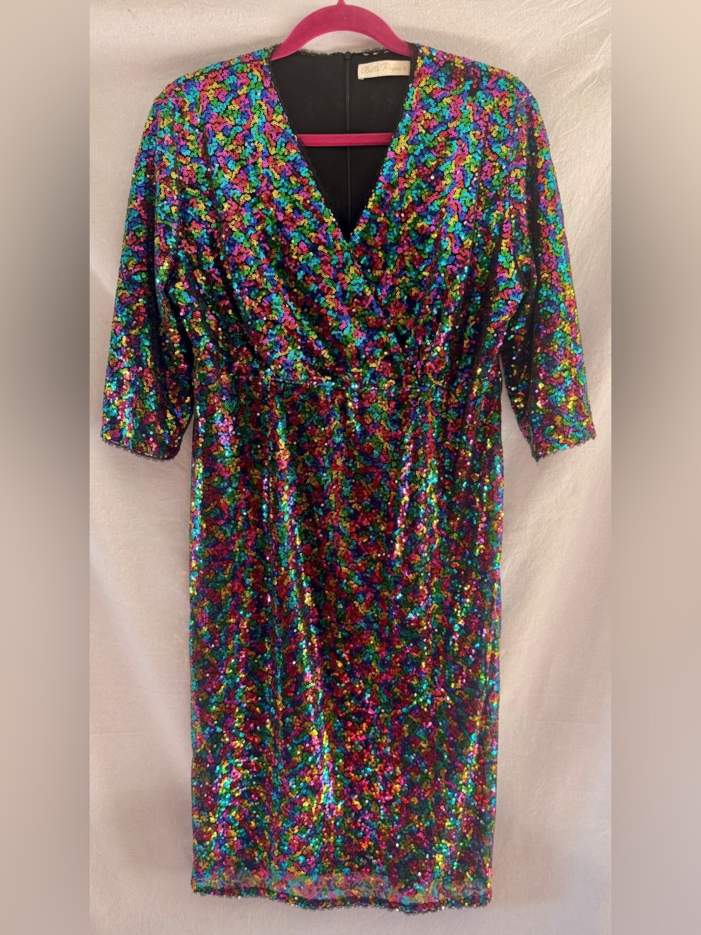 Multi-Color Sequin Midi Dress with Three-Quarter Length Sleves